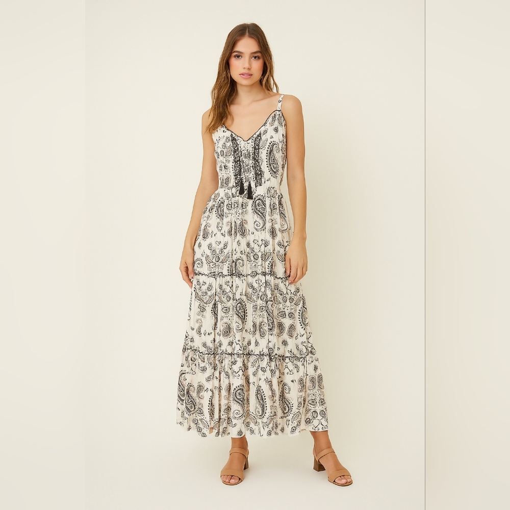Paisley Tiered Maxi Dress - Cream & Black